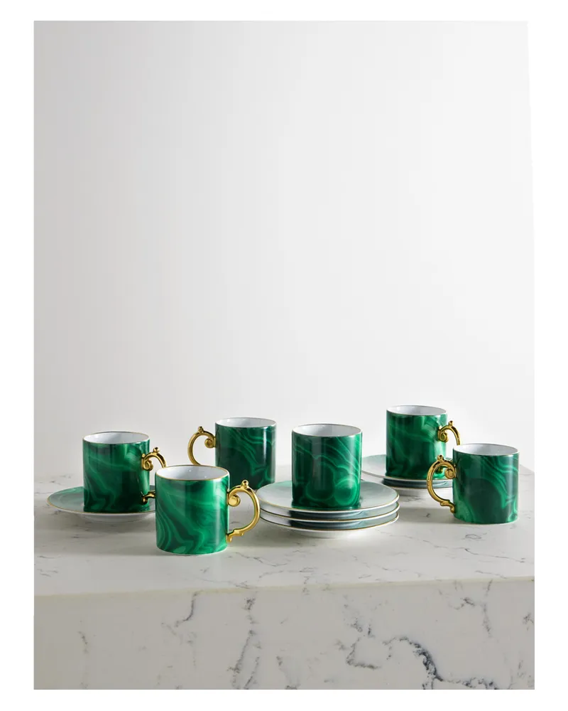L’OBJET Malachite Set Aus Sechs Espressotassen Und Untertassen Aus Porzellan - Grün Grün