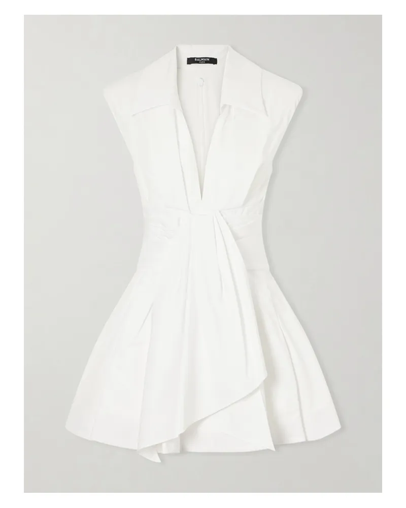 Balmain Belted Pleated Cotton-poplin Mini Dress - White White