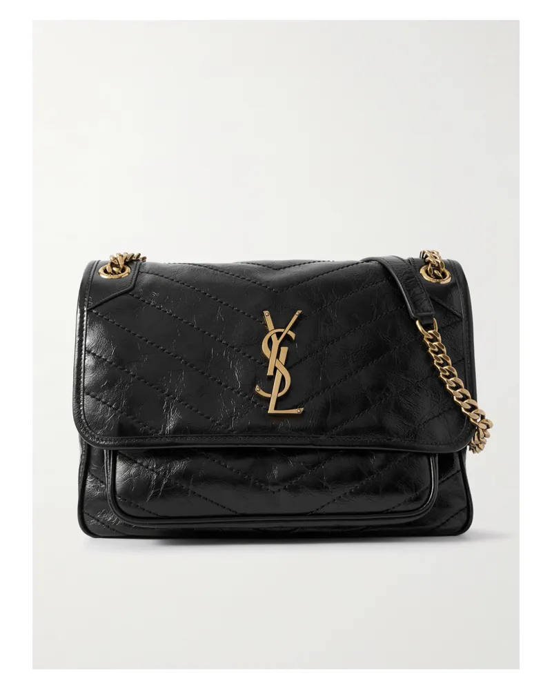 Saint Laurent Niki Medium Crinkled Glossed-leather Shoulder Bag - Black Black