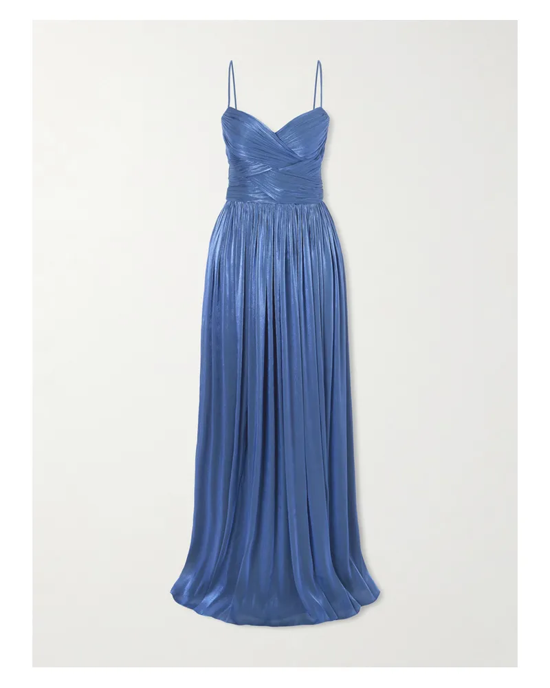 COSTARELLOS Sereen Draped Pleated Metallic Georgette Gown - Blue Blue