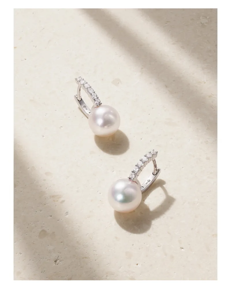 Mikimoto 18-karat White Gold, Pearl And Diamond Hoop Earrings White