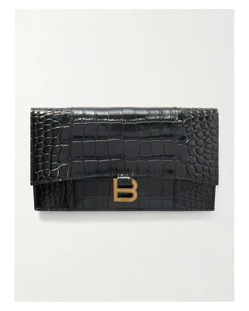 Balenciaga Hourglass Croc-effect Patent-leather Clutch - Black Black