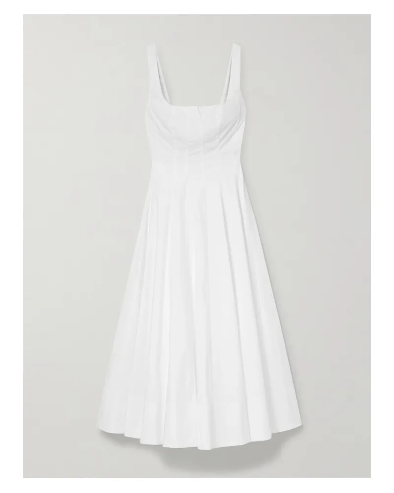 STAUD Wells Pleated Cotton-blend Poplin Midi Dress - White White