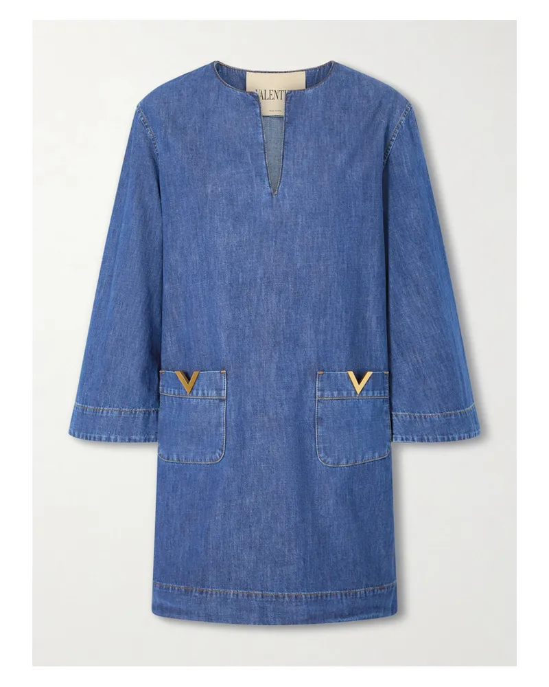 Valentino Garavani Vlogo Embellished Denim Mini Dress - Blue Blue