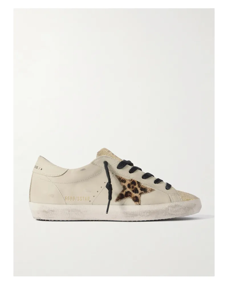 Golden Goose Super-star Sneakers Aus Leder Mit Glitter-finish Und Kalbshaar In Distressed-optik - Wollweiß Wollweiß