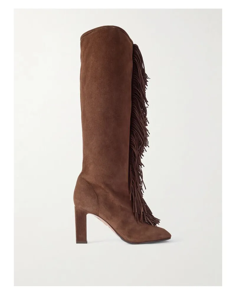 Aquazzura Gytane 85 Kniehohe Stiefel Aus Veloursleder Mit Fransen - Braun Braun