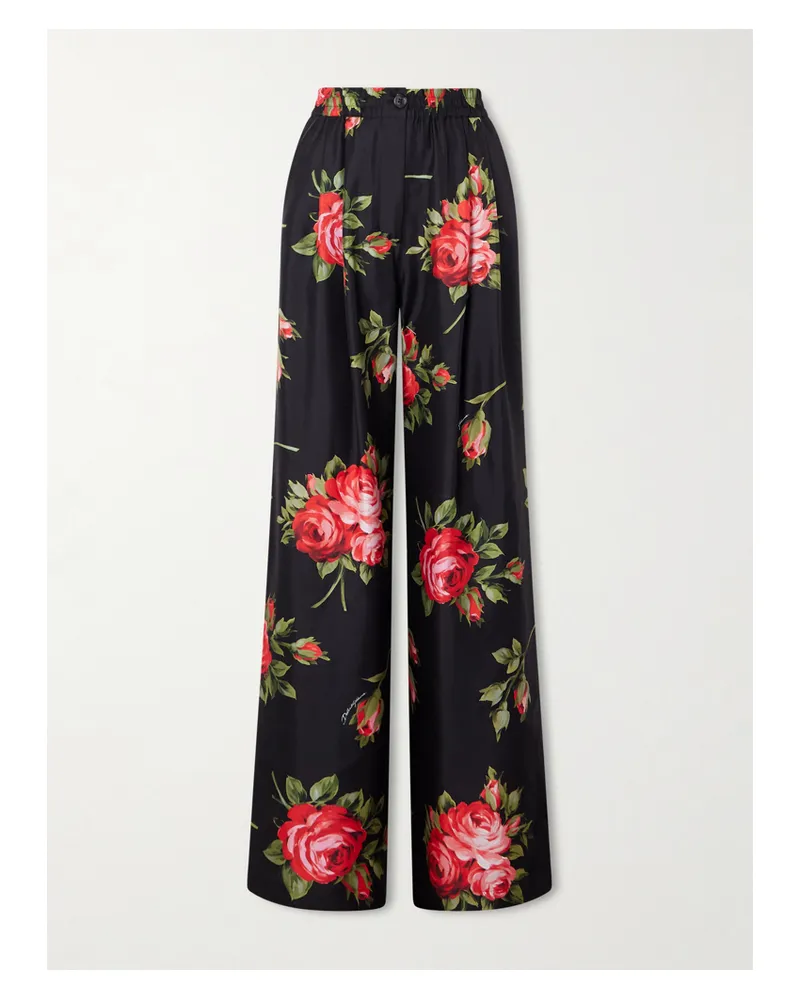 Dolce & Gabbana Hose Mit Weitem Bein Aus Seiden-twill Mit Blumenprint - Schwarz Schwarz