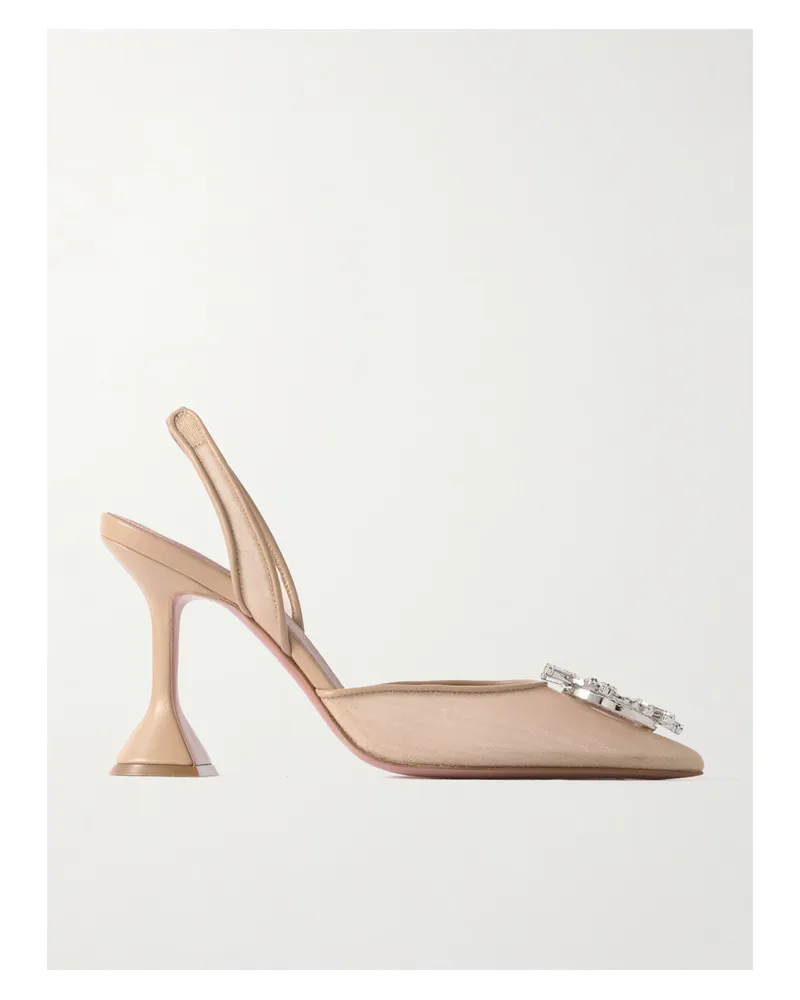 Amina Muaddi Begum Crystal-embellished Leather-trimmed Mesh Slingback Pumps - Neutrals Neutrals