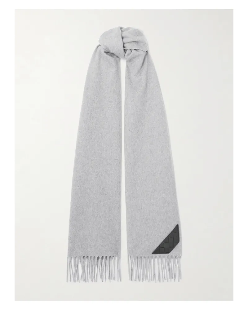 Bottega Veneta Intrecciato Leather-trimmed Fringed Cashmere Scarf - Gray Gray