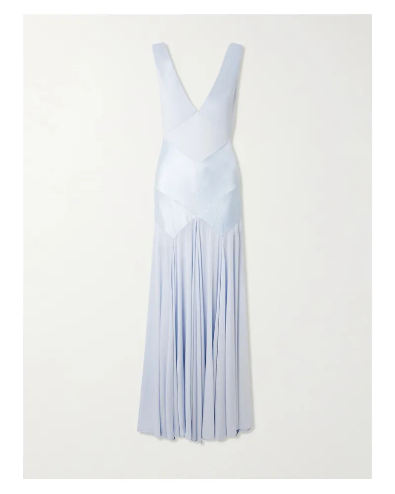Self-Portrait Pleated Paneled Satin And Stretch-jersey Maxi Dress - Blue Blue