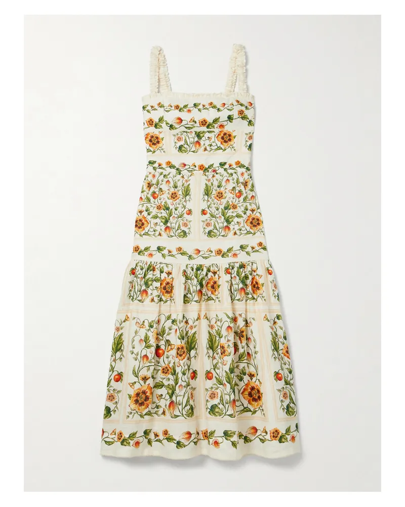 AGUA BENDITA Nispero Tiered Embroidered Printed Linen Midi Dress - Multi Multi