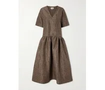Midikleid Aus Recyceltem Taft Mit Gingham-karo In Knitteroptik - Braun