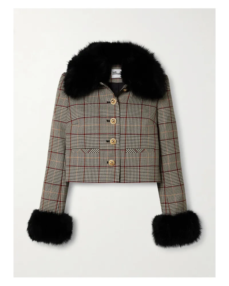 Self-Portrait Jacke Aus Einer Karierten Wollmischung Mit Besätzen Aus Einem Plüschmaterial - Braun Braun
