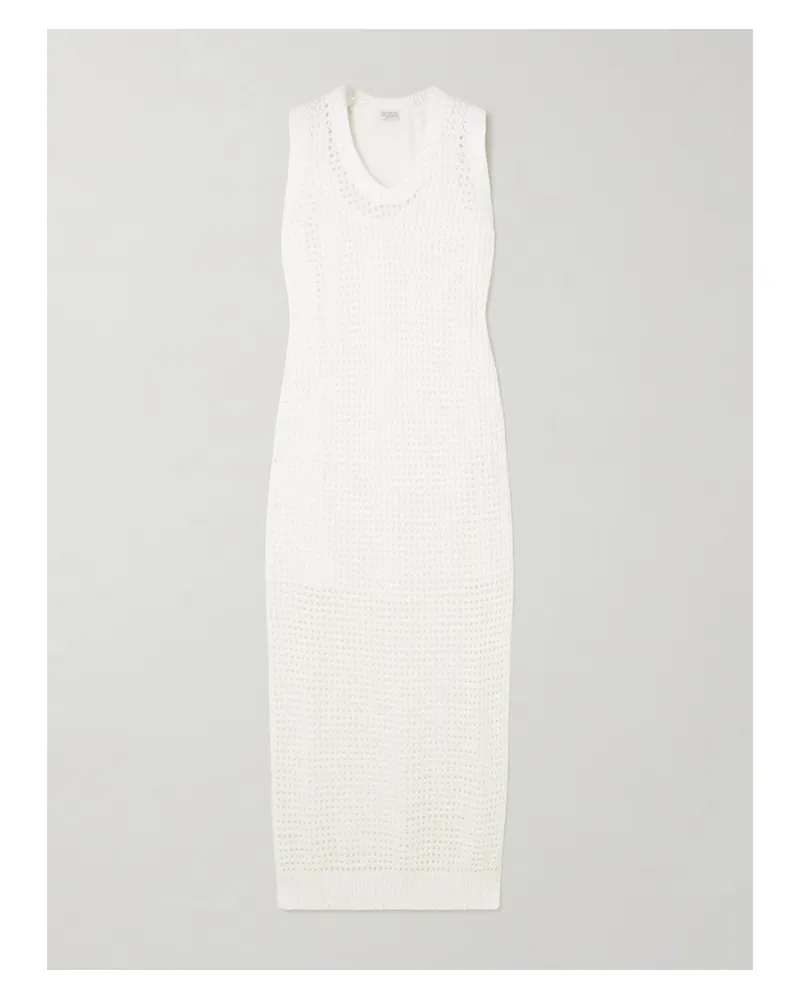 Brunello Cucinelli Midikleid Aus Einer Baumwollmischung In Lochstrick Mit Pailletten - Weiß Weiß