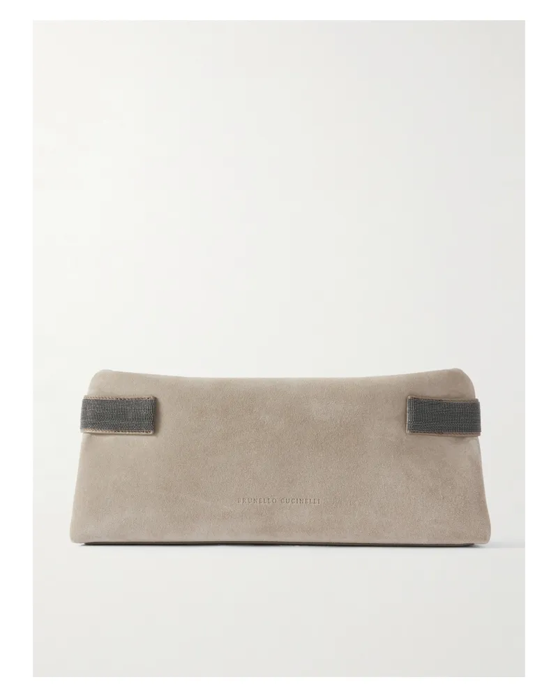 Brunello Cucinelli Bead-embellished Leather-trimmed Suede Clutch - Gray Gray
