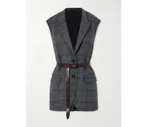 Wollweste Mit Glencheck-muster, Zierperlen Und Ledergürtel - Grau