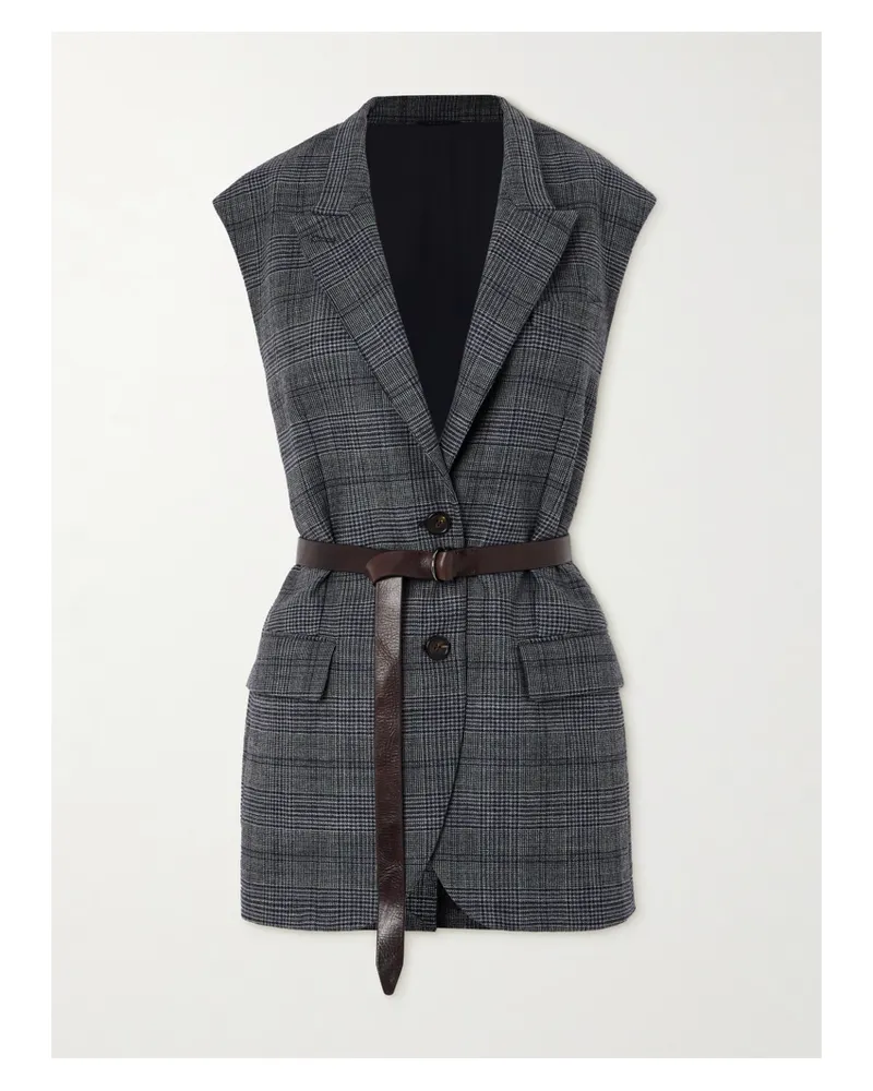 Brunello Cucinelli Wollweste Mit Glencheck-muster, Zierperlen Und Ledergürtel - Grau Grau