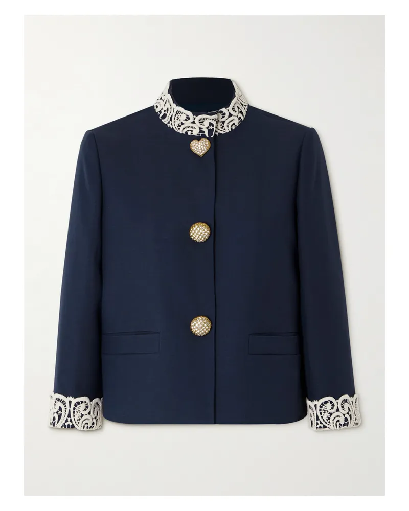 Valentino Garavani Jacke Aus Twill Aus Einer Woll-seidenmischung Mit Besätzen Aus Guipure-spitze - Blau Blau