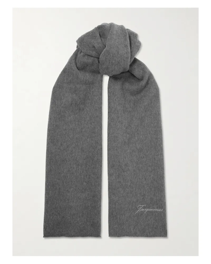 Jacquemus Frayed Embroidered Wool And Cashmere-blend Scarf - Gray Gray