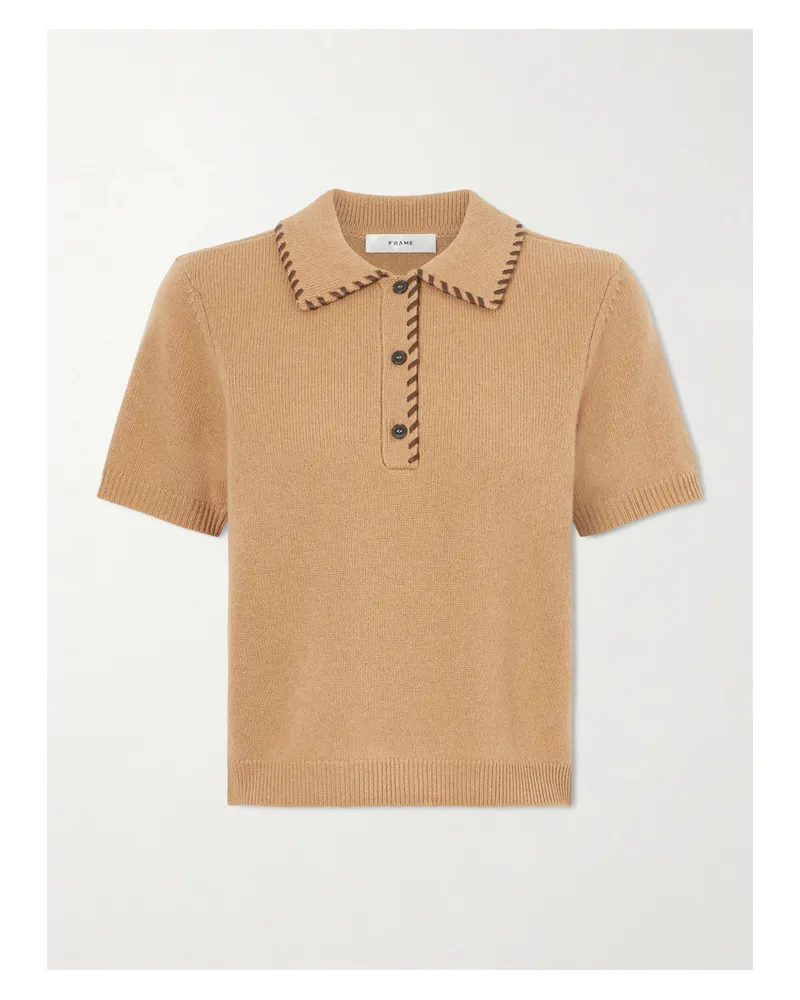 Frame Denim Whipstitched Leather-trimmed Wool And Cashmere-blend Polo Shirt - Brown Brown