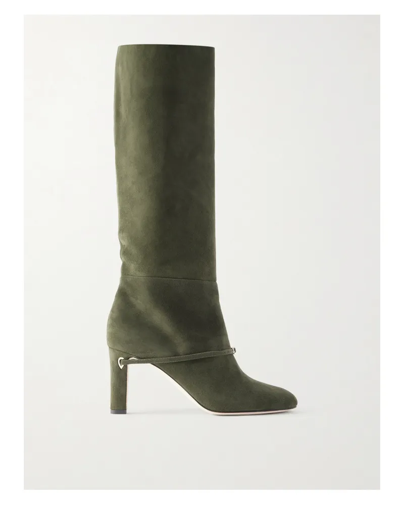 Jennifer Chamandi Samuele 85 Buckled Suede Knee Boots - Green Green