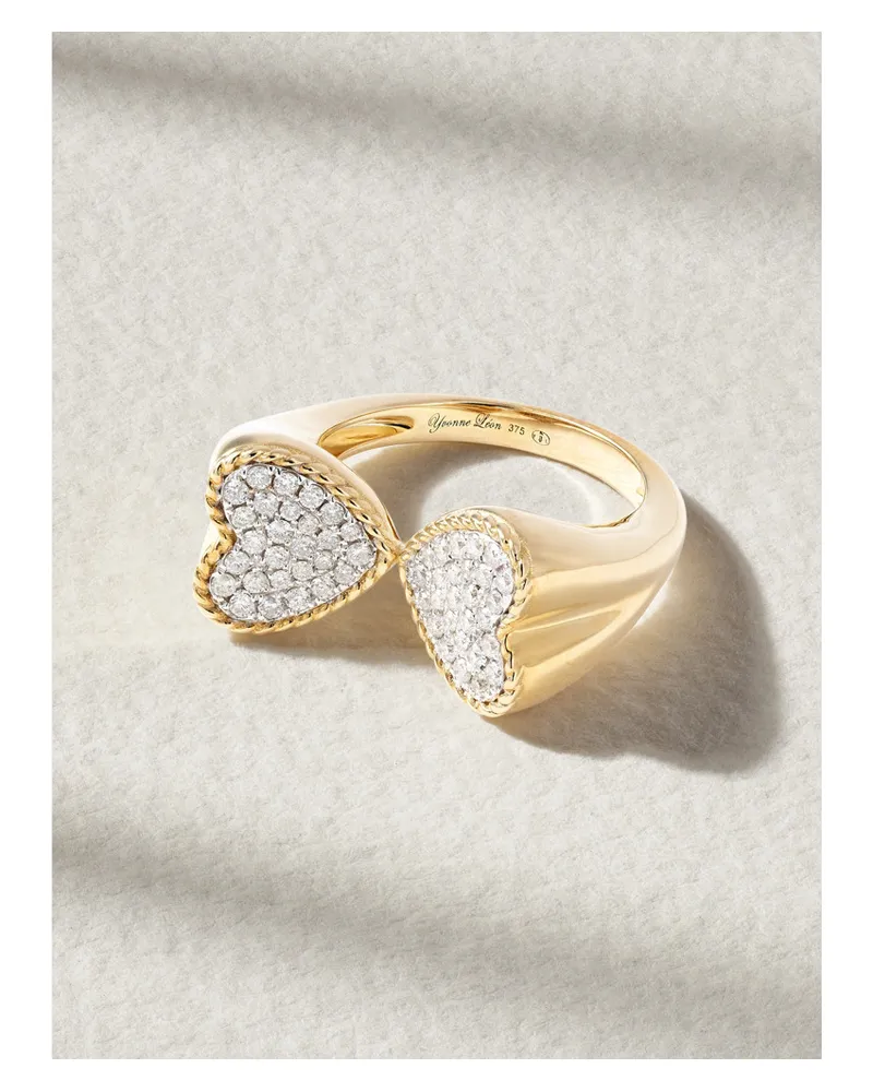 Yvonne Léon Double Coeur Ring aus 9 Karat mit Diamanten Gold