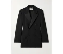 Double-breasted Twill-trimmed Grain De Poudre Wool Blazer - Black