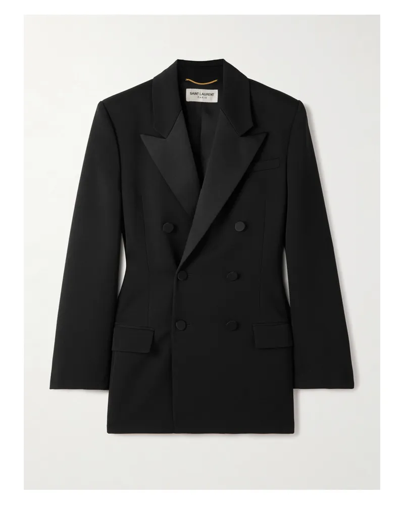 Saint Laurent Double-breasted Twill-trimmed Grain De Poudre Wool Blazer - Black Black