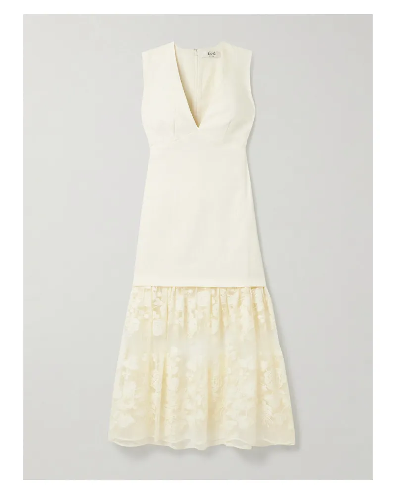Sea Arielle Midikleid Aus Einer Leinen-baumwollmischung Und Besticktem Tüll - Creme Creme