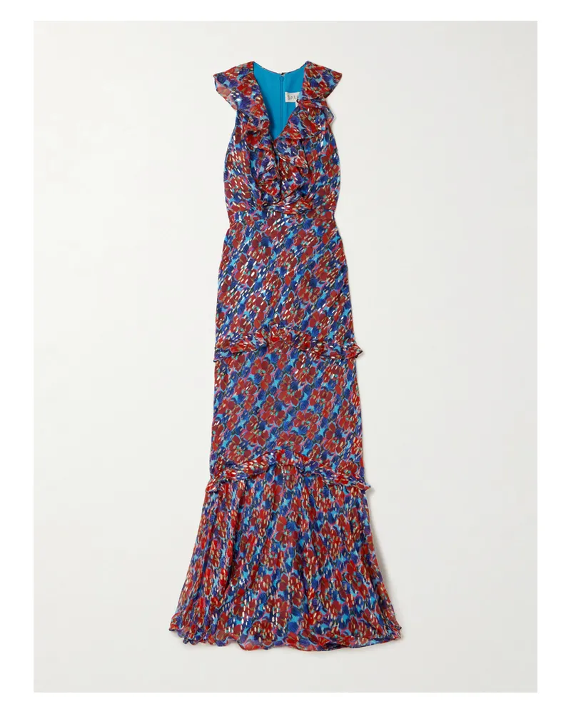 Saloni Rita Robe Aus Metallic-seiden-georgette Mit Blumenprint Und Rüschen - Mehrfarbig Mehrfarbig