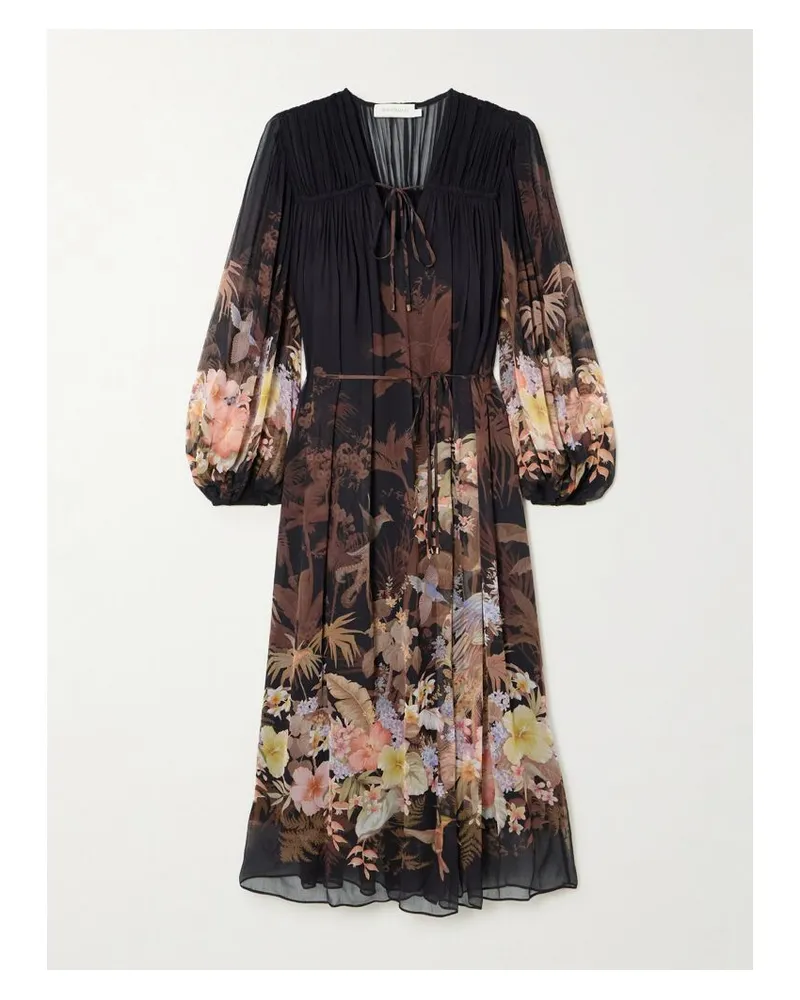 Zimmermann Illuminate Drawn Midikleid Aus Bedrucktem Krepon Mit Raffungen Und Bindegürtel - Schwarz Schwarz