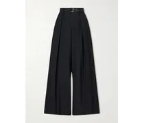 Belted Pleated Crepe Wide-leg Pants - Black