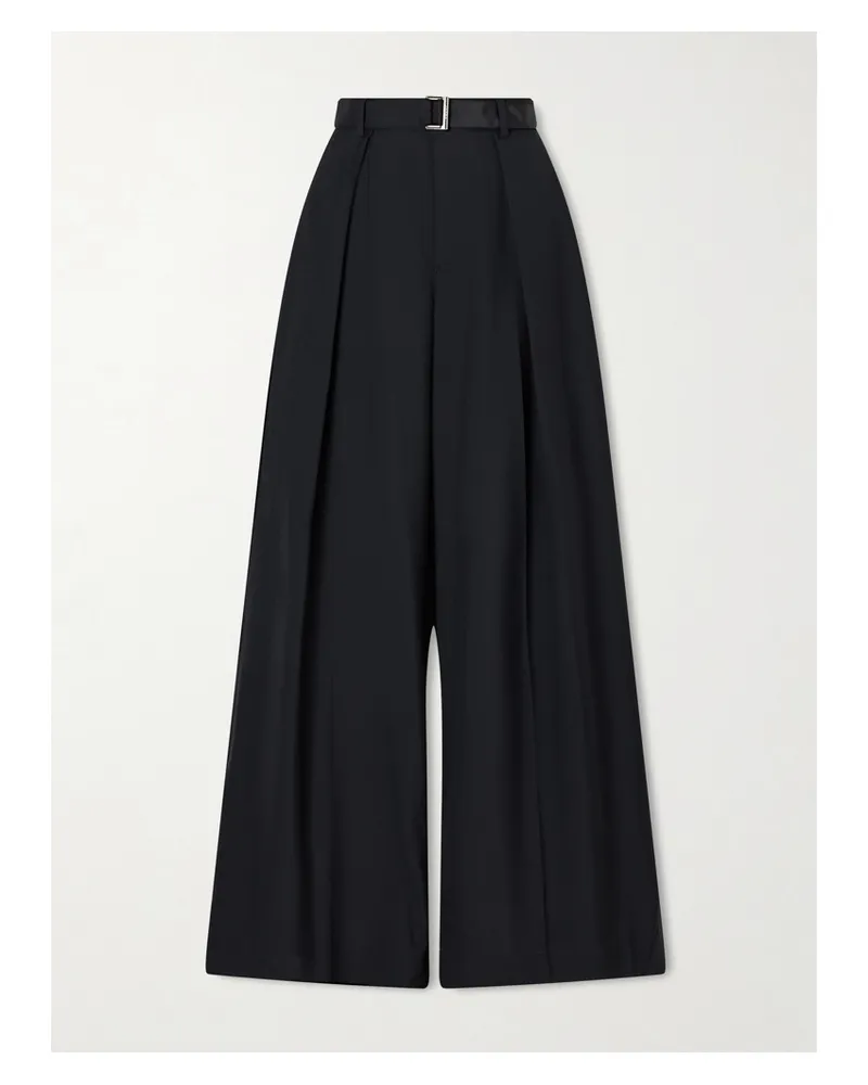 Sacai Belted Pleated Crepe Wide-leg Pants - Black Black