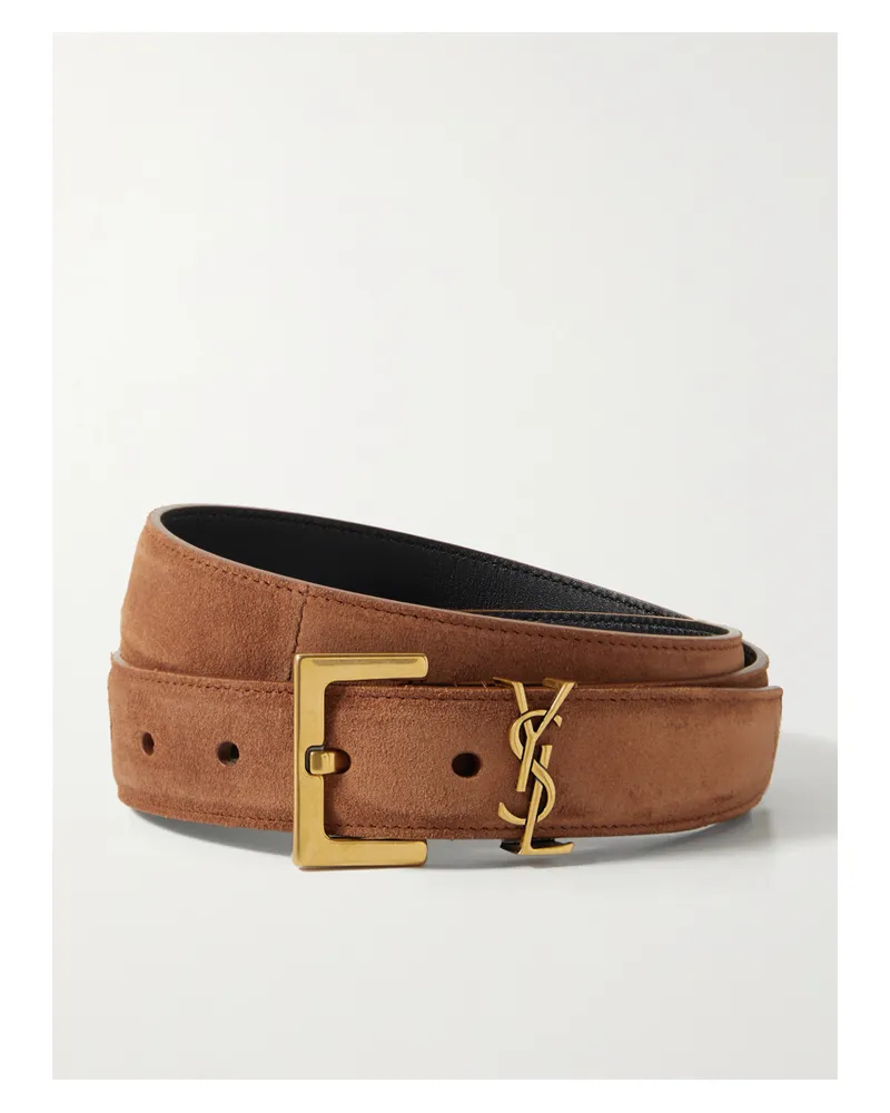 Saint Laurent Cassandre Suede Belt - Brown Brown