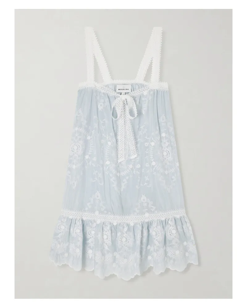 Miguelina Havana Bow-detailed Embroidered Silk-blend Voile Mini Dress - Blue Blue