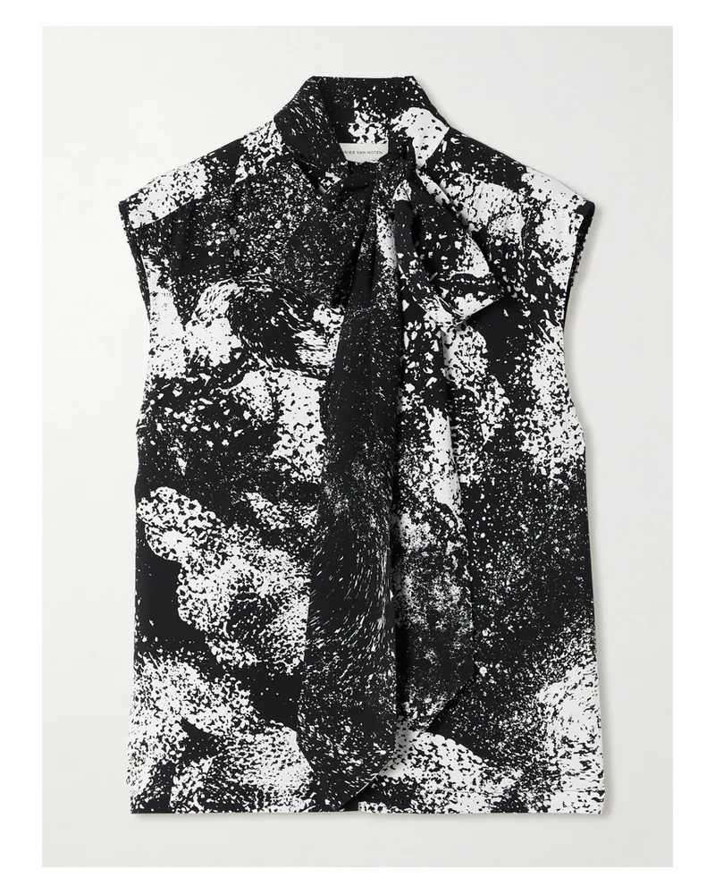Dries van Noten Tie-neck Printed Crepe Top - Black Black