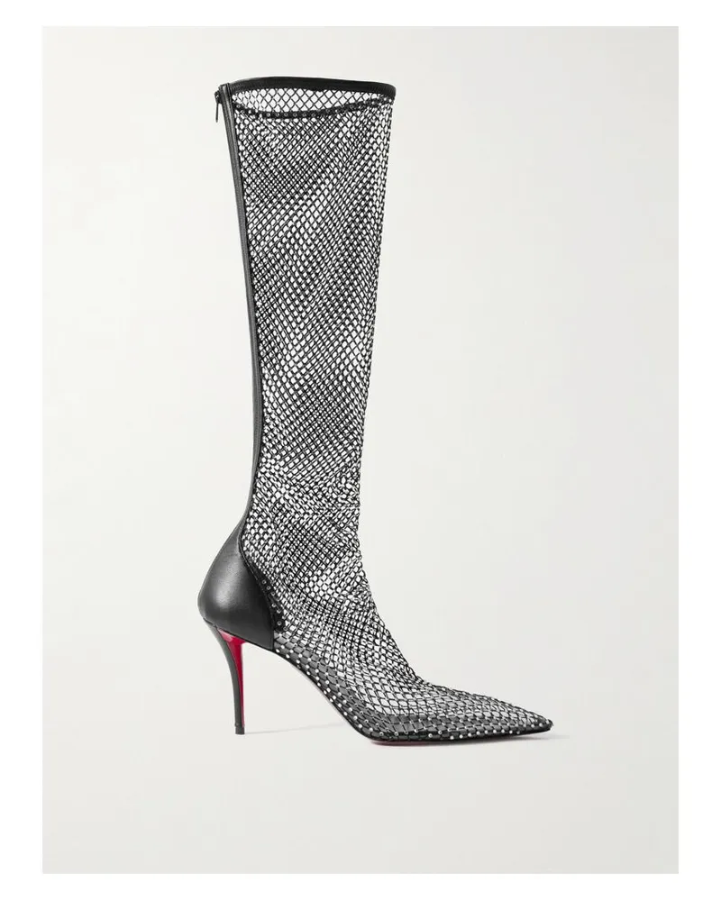 Christian Louboutin Apostropha 85 Kniehohe Stiefel Aus Mesh Mit Lederbesätzen Und Kristallen - Schwarz Schwarz