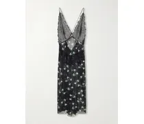 Lace-trimmed Floral-print Chiffon Midi Dress - Black