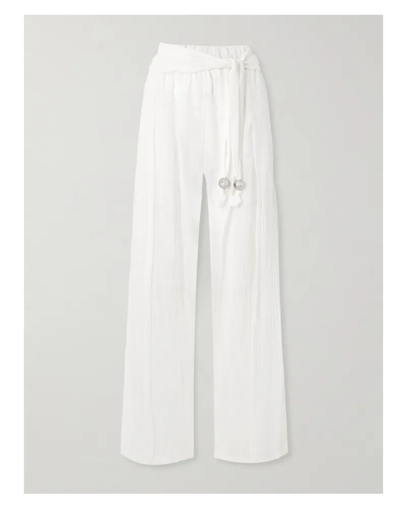 Lisa Marie Fernandez Embellished Belted Crinkled Linen-blend Gauze Wide-leg Pants - White White