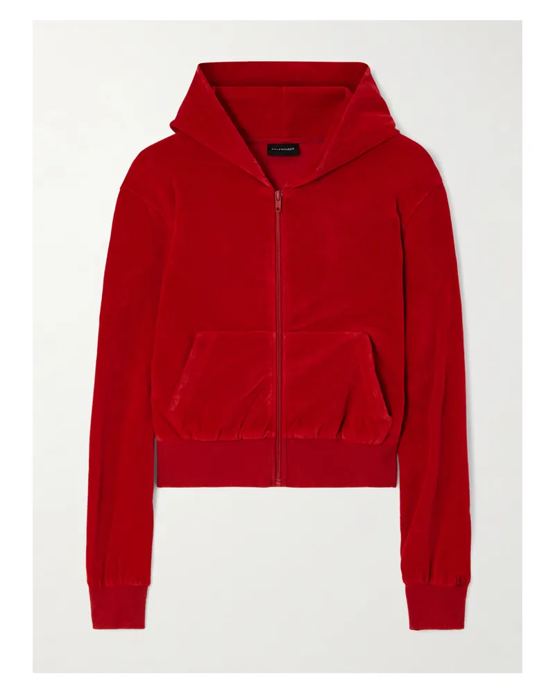 Balenciaga Cropped Embellished Cotton-velour Hooded Jacket - Red Red