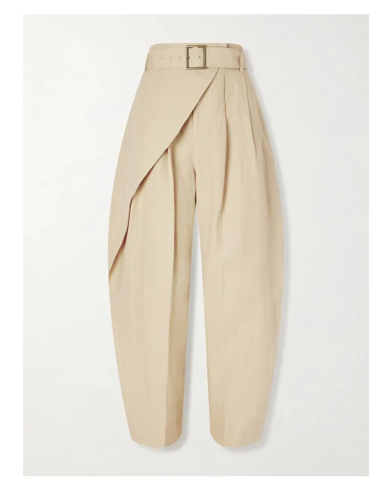 Ralph Lauren Belted Wrap-effect Pleated Linen Tapered Pants - Brown Brown