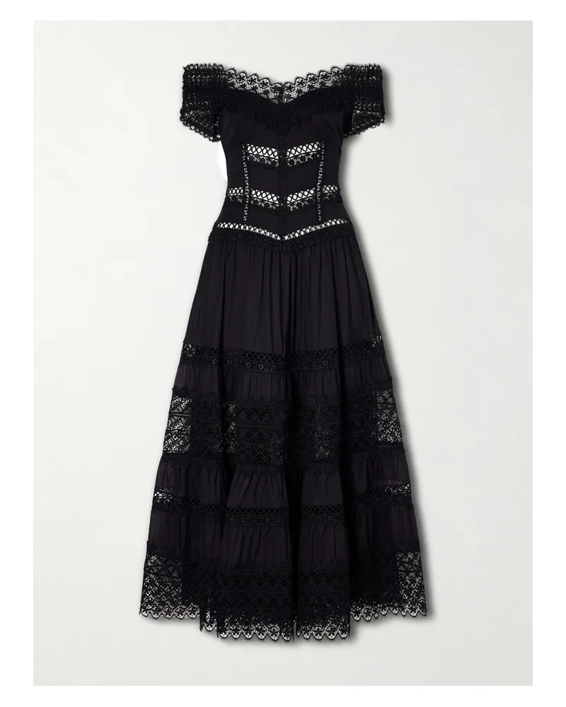 Charo Ruiz Amaira Embroidered Lace-trimmed Cotton-blend Maxi Dress - Black Black