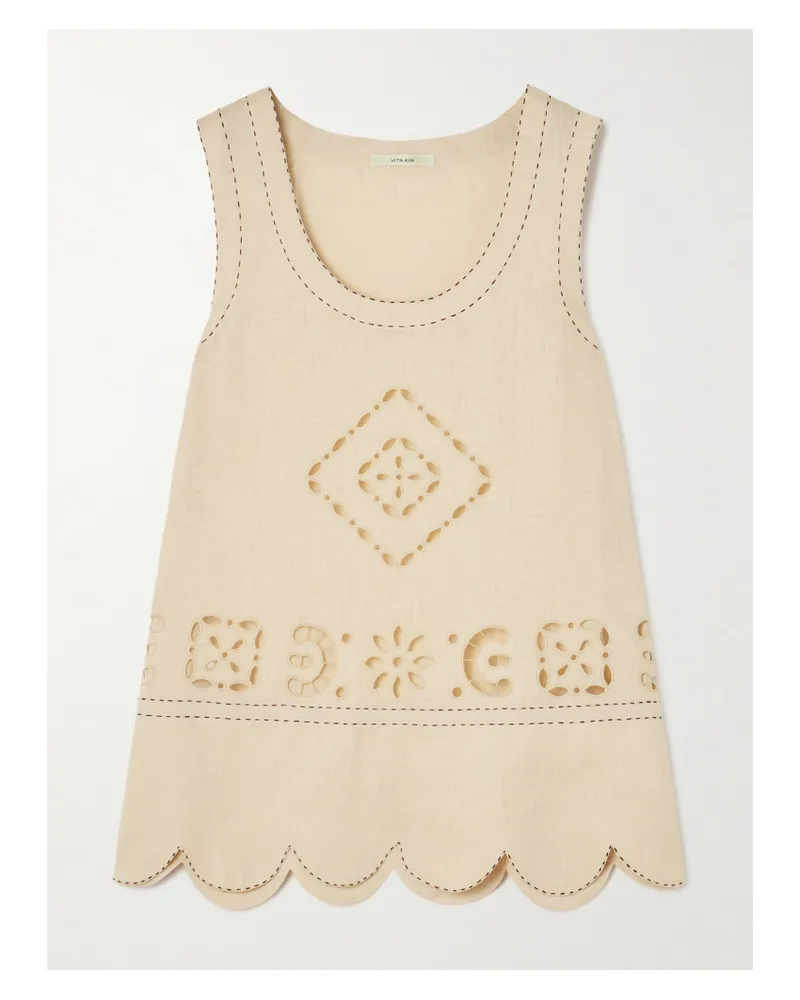 VITA KIN Orlando Topstitched Broderie Anglaise Linen Tank - Neutrals Neutrals