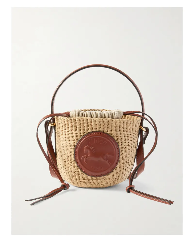 Chloé Embossed Leather-trimmed Faux Raffia Bucket Bag - Neutrals Neutrals