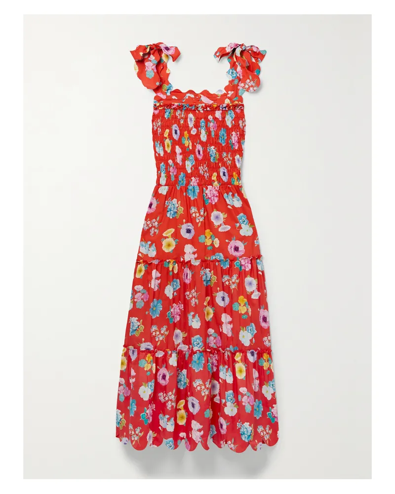 HORROR VACUI Isa Midikleid Aus Baumwolle Mit Blumenprint Und Wellenkanten - Rot Rot