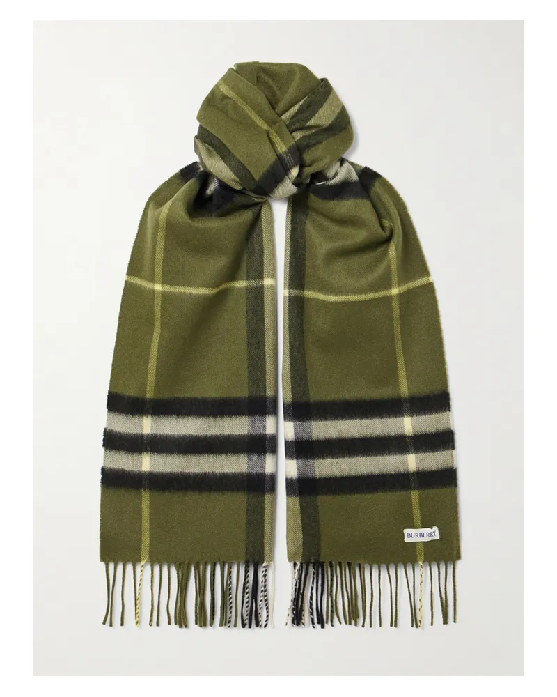 Burberry Fringed Checked Cashmere Scarf - Green Green