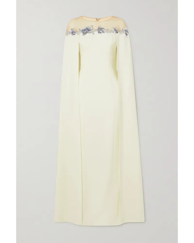 Marchesa Robe Aus Stretch-crêpe Mit Tüllbesatz, Verzierungen, Stickereien Und Cape-effekt - Elfenbein Elfenbein