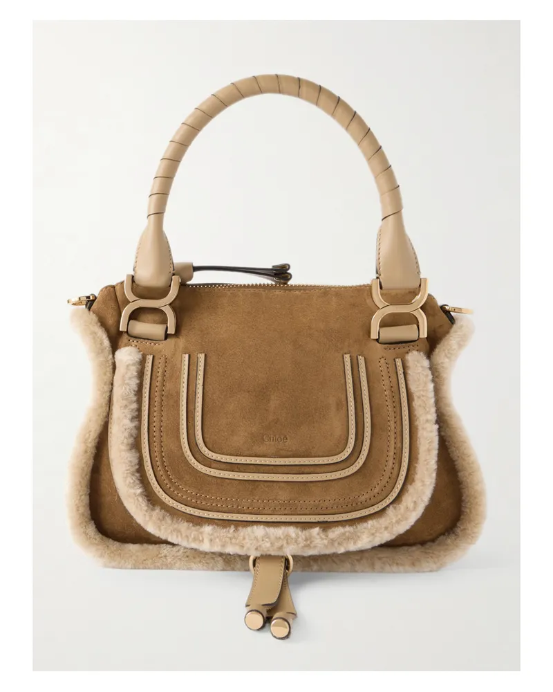 Chloé Marcie Kleine Schultertasche Aus Veloursleder Mit Leder- Und Shearling-besätzen - Neutral Neutral
