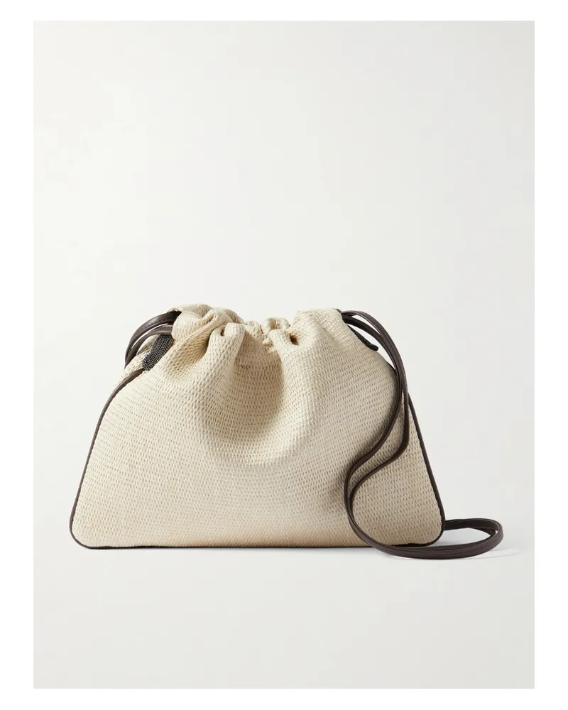 Brunello Cucinelli Embellished Leather-trimmed Raffia Shoulder Bag - Cream Cream