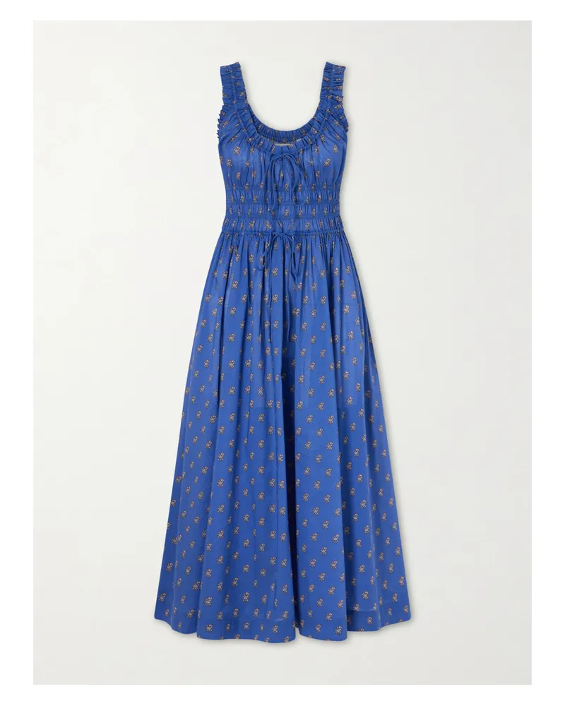 DÔEN Emmaretta Shirred Floral-print Cotton Midi Dress - Blue Blue